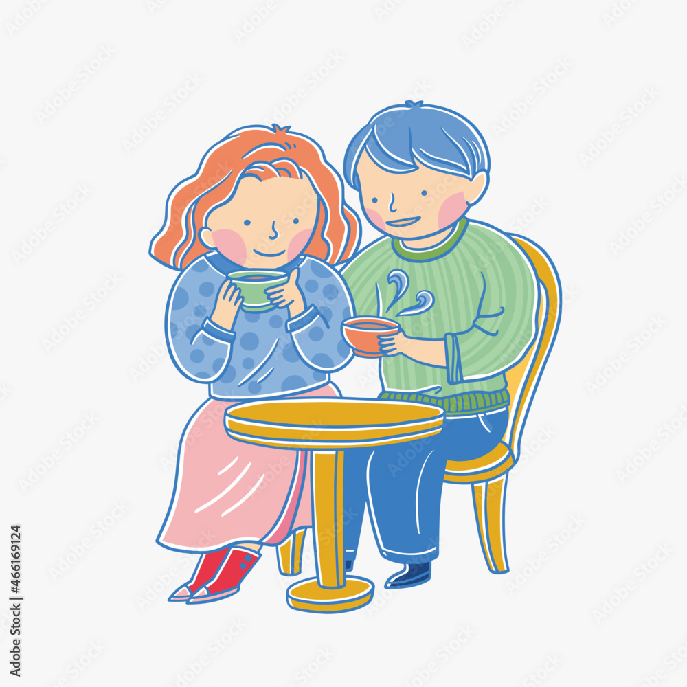 Couple cuddling each other drinking hot drink, cute character line vector illustration Couple cuddling each other drinking hot drink, cute character line vector illustration