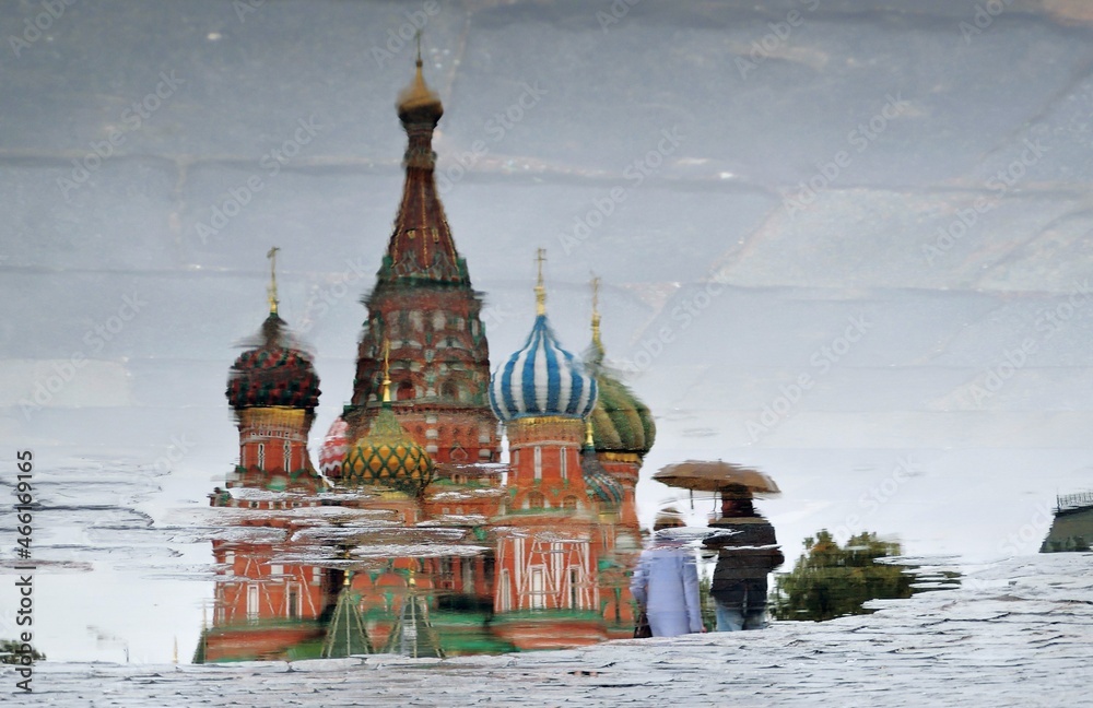 St basil cathedral on the Red Square in Moscow. Abstract water reflection