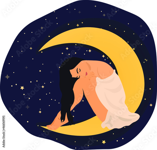 Image of a young woman sitting on the moon against the backdrop of the night sky. Beautiful illustration, vector