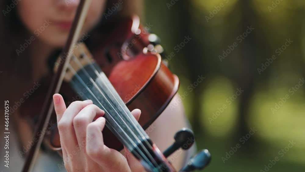 A young girl plays the violin in the city park. A young girl plays the violin in the city park.