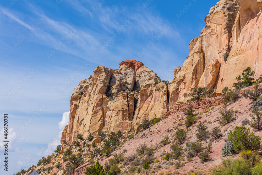 Fototapeta premium Amazing rock landscape. Orange rock slopes. Scenic view of the canyon. Beautiful view of the Burr trail road, Utah, USA