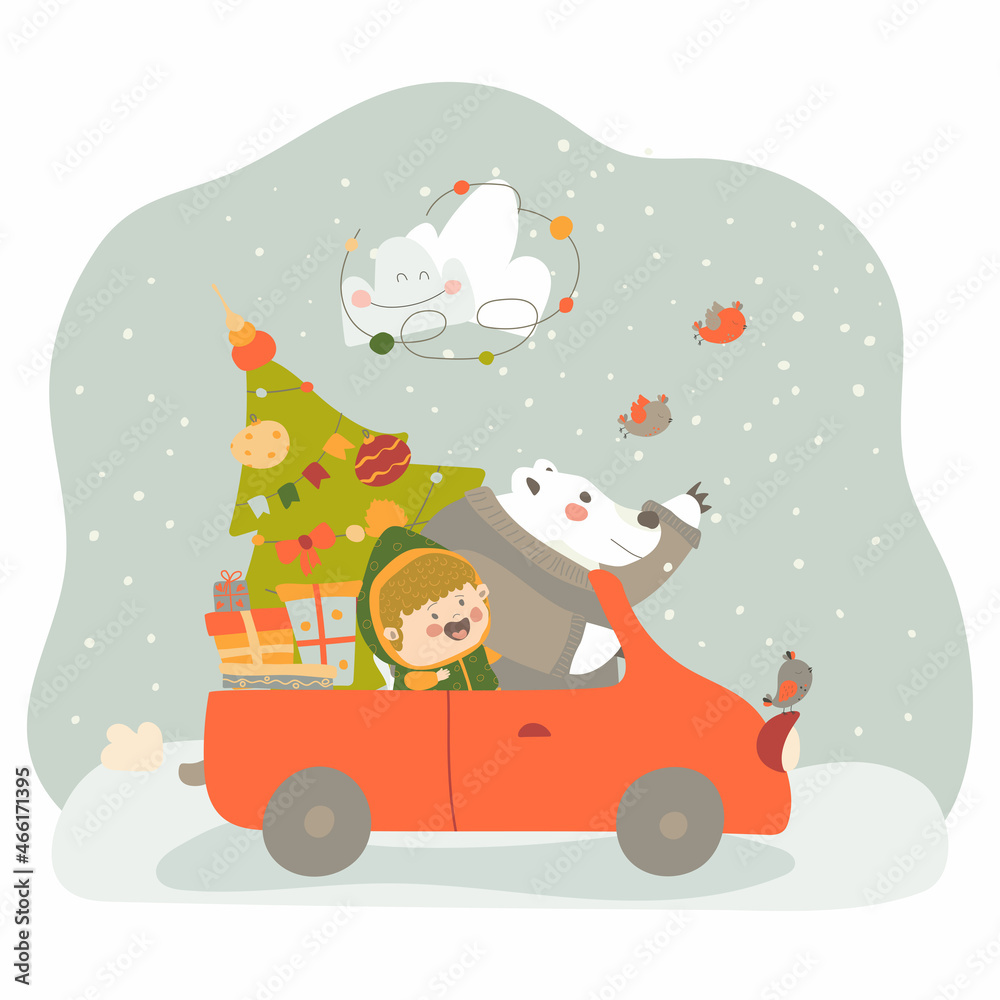 A little girl and a polar bear go by car to celebrate Christmas. Friends are carrying a Christmas tree and presents. Vector illustration on white background in cartoon style. Hand drawing. For print. A little girl and a polar bear go by car to celebrate Christmas. Friends are carrying a Christmas tree and presents. Vector illustration on white background in cartoon style. Hand drawing. For print.
