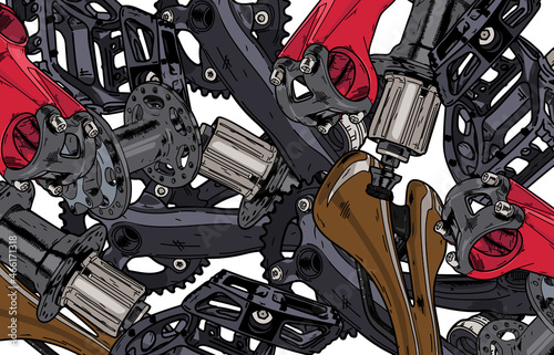 Pattern of bike parts stacked on top of each other. Bike shop background.Illustration in ink hand drawn style.