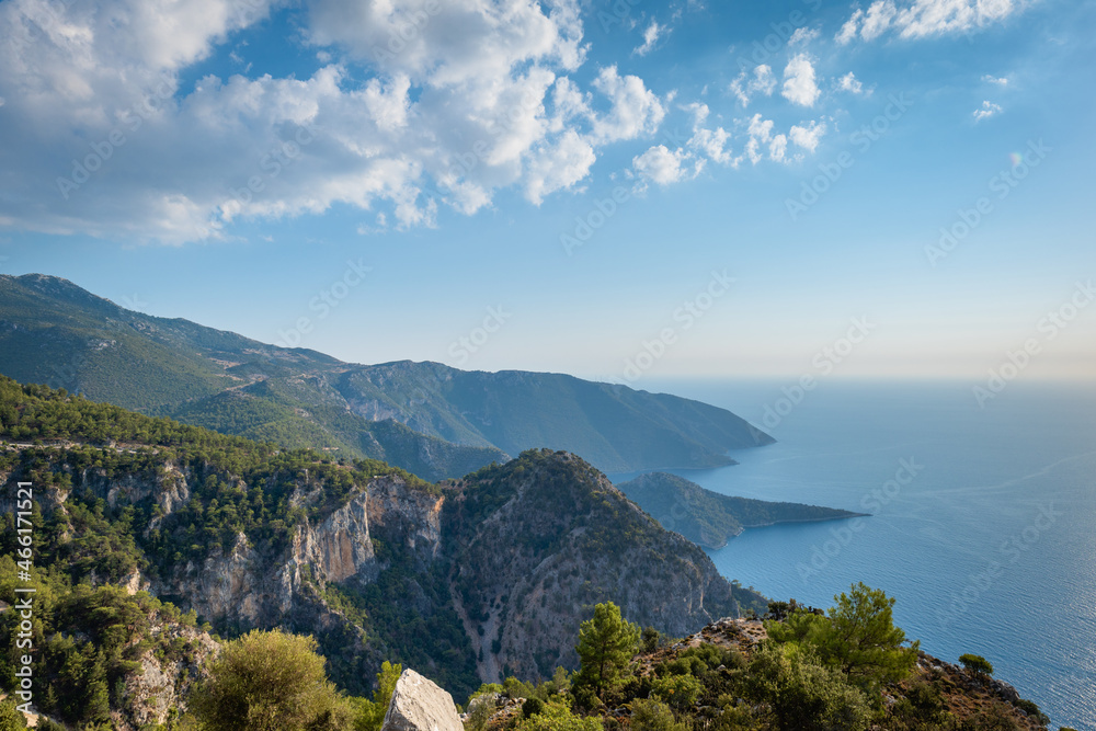 Turkey costal landscape at sunset, taken on mediterranean Turkish coast trekking route of Lycian way by sea. Nature, outdoor, hiking and trekking concept image