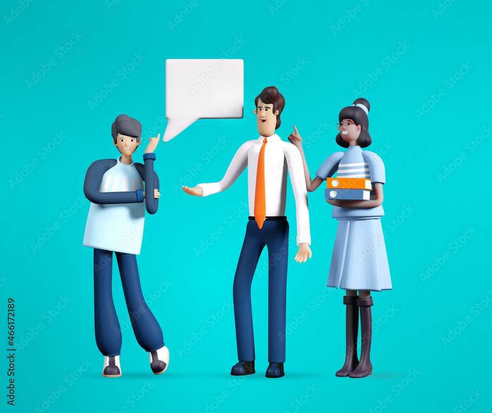 Group of business people with speech bubbles, team have a discussion, talking, negotiating, delegate responsibilities. 3D rendering illustration Group of business people with speech bubbles, team have a discussion, talking, negotiating, delegate responsibilities. 3D rendering illustration