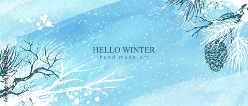 Winter blue watercolor background. Hand drawn tree, pine branches. Christmas, New Year mood landscape.