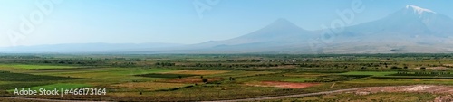 Armenia, Khor Virap, September 2021. Panorama of large and small Ararat from the walls of the monastery.