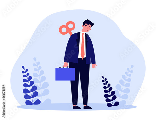 Exhaustion of professional tired male employee with key in back. Unmotivated man with stress flat vector illustration. Burnout from hard work concept for banner, website design or landing web page