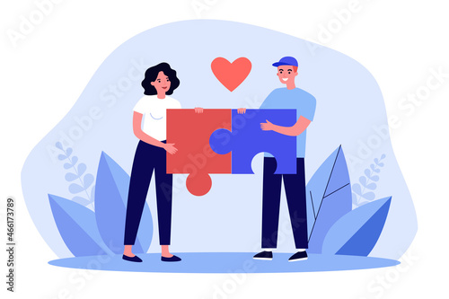Couple connecting puzzle of relationship. Man and woman holding puzzle pieces together flat vector illustration. Relationship, romance, love concept for banner, website design or landing web page