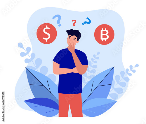 Man thinking about buying bitcoin. Male character standing with question mark and currency symbols flat vector illustration. Bitcoin investment concept for banner, website design or landing web page