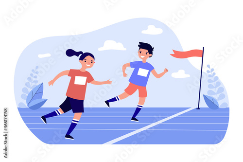 Kids runners running fast to finish line on marathon race. Happy boy and girl jogging flat vector illustration. School sport competition concept for banner, website design or landing web page