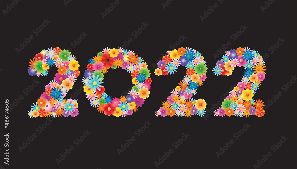 Vector Happy New Year 2022 text design with colorful flowers letters concept isolated on green background.