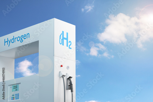 Hydrogen gas station fuel dispenser on blue sky background with copy space. 3d illustration. photo