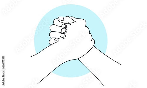 Peace line art concept. Friendly handshake. No racism, no war. Symbol of respect and partnership. Human hands on white background.  Hand drawn linear sketch. Black silhouette. Vector, isolated