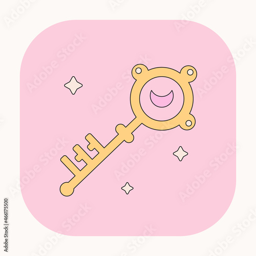 Cute Mystic boho magic key illustration. Hand drawn cartoon colorful secret key element. Silhouette icon in doodle kawaii design. Esoteric icon on pink background. Vector mystic key art.	