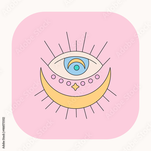 Cute Mystic boho half moon eye illustration. Hand drawn cartoon colorful crescent astrology element. Silhouette icon in doodle kawaii design. Esoteric icon on pink background. Vector divination art.	