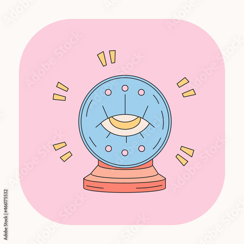 Cute Mystic boho fortune teller ball illustration. Hand drawn cartoon colorful fortune crystal globe element. Silhouette icon in doodle kawaii design. Esoteric icon on pink background. Vector art.	