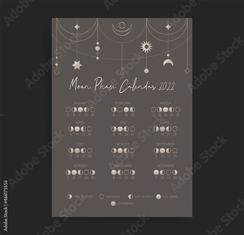 One page moon black retro calendar 2022 year. Modern boho moon calendar poster template design. Lunar phases schedule and cycles. Vector background. Vintage dark retro decorative design.
