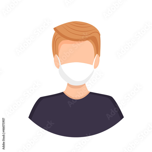 Avatar of a blond man wearing a mask to protect against coronavirus, flu, air pollution, viruses and disease. Portrait of a young guy. Vector illustration of a face.
