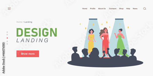 Celebrities performing on stage flat vector illustration. Popular women in chic outfits posing in front of crowd of journalists, fans. Concert, fashion show, public event, popularity concept