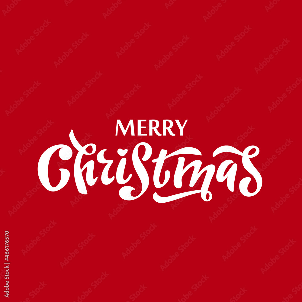 Merry Christmas, White letters on the red background. Celebrating card concept.  Vector brush lettering, Hand-drawn modern style calligraphy for holiday banners, invitations
