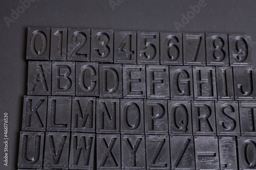 letterpress alphabet and numbers on black background