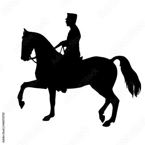 isolated black silhouette of a military rider on a prancing horse on a white background, vintage