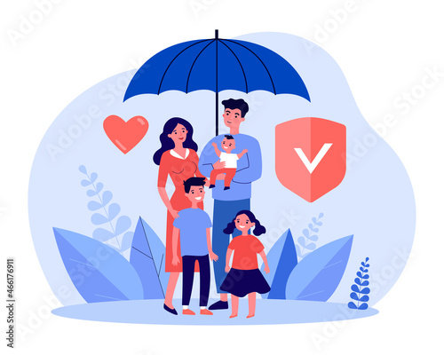 Family standing under insurance umbrella together. Shield protection for parents and children flat vector illustration. Health and life insurance concept for banner, website design or landing web page