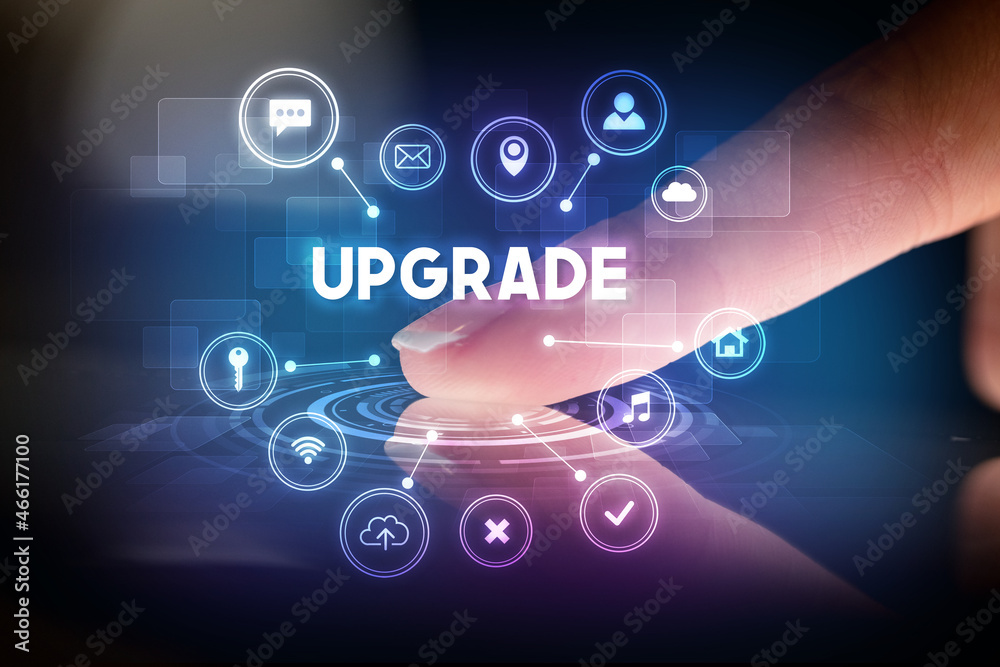 Finger touching tablet with web technology icons concept Finger touching tablet with web technology icons concept