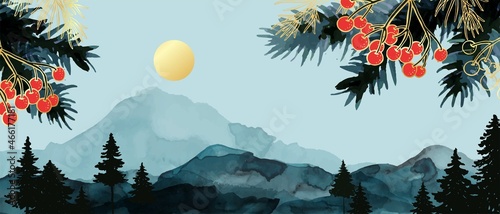 Winter watercolor landscape with hills, mountains, forest. background. Pine branches, red berries, golden sun.