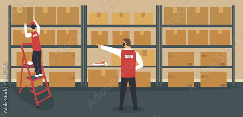 Warehouse or storeroom: storekeeper on ladder near rack with cardboard boxes and his boss gives him instructions.Cargo in packages, tape dispenser and folders on shelf, staircase.Vector illustration