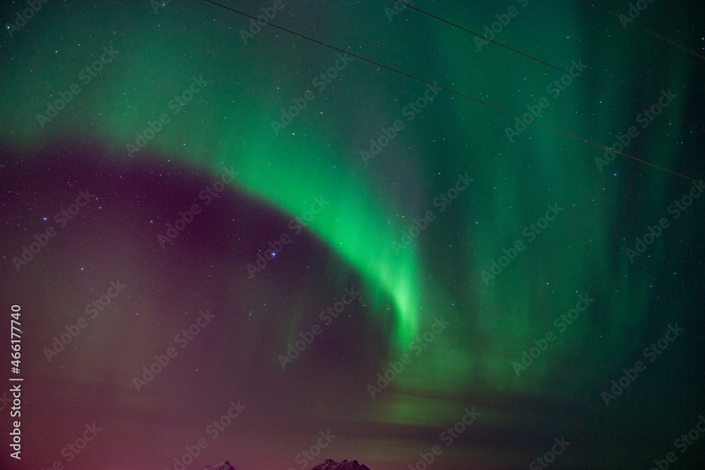 Un ciel illuminé par une aurore boréale aux îles Lofoten en Norvège.