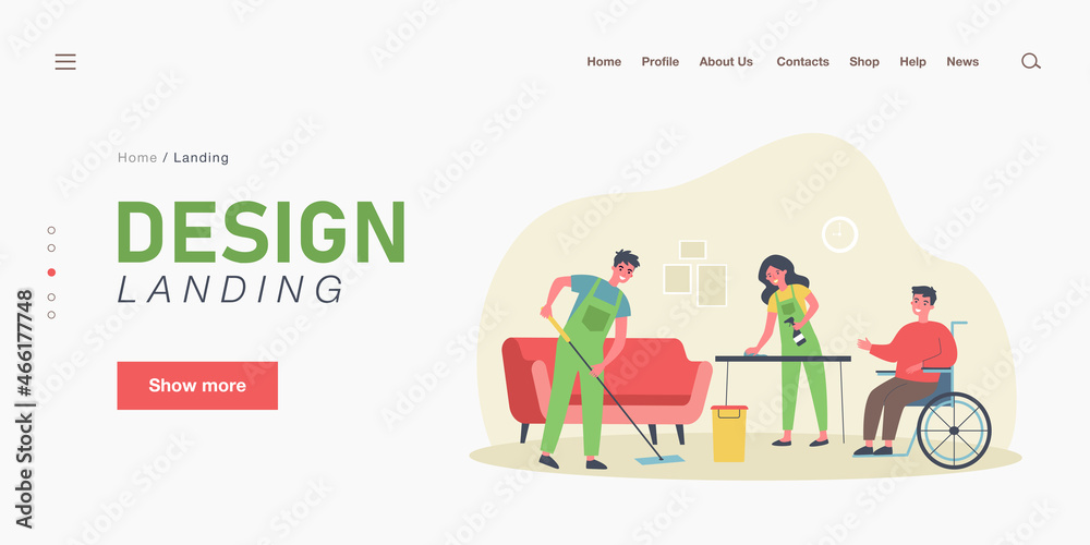 Disabled person in wheelchair using services of cleaning company. Flat vector illustration. People in special uniforms professionally cleaning house. Cleanliness, service, help, disability concept Disabled person in wheelchair using services of cleaning company. Flat vector illustration. People in special uniforms professionally cleaning house. Cleanliness, service, help, disability concept