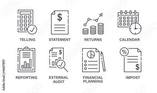 Fiscal year icons set. Minimalistic stickers with financial report, audit, profit growth and taxation. Design elements for website and app. Cartoon flat vector collection isolated on white background