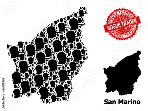 Textured Rogue Trader stamp seal, and San Marino map collage of liar person icons. Red round stamp seal includes Rogue Trader text inside it.