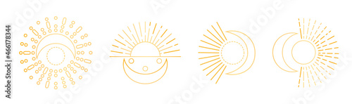 Sun and moon line. Esotericism, mysticism. Parts of sun and moon, time of day. Astrology, collection of pictures in boho style. Cartoon flat vector illustrations isolated on white background