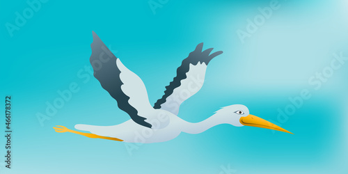 Flying stork. Blue white sky. Vector illustration.