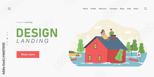 Flood victims sitting on roof of house. Flat vector illustration. Man and woman waiting for help while car, trees, road signs drowning in water. Emergency, natural disaster, flood, rescue concept