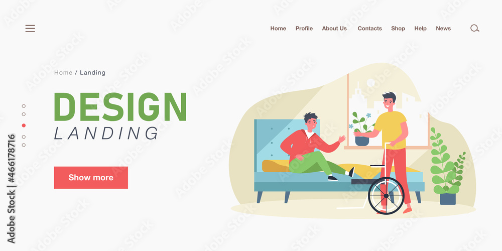 Friend or assistant helping man get on wheelchair from bed. Disabled person in bedroom flat vector illustration. Assistance, disability, friendship concept for banner, website design or landing page Friend or assistant helping man get on wheelchair from bed. Disabled person in bedroom flat vector illustration. Assistance, disability, friendship concept for banner, website design or landing page