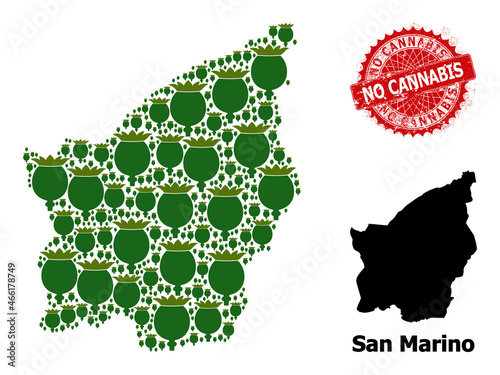 Rubber No Cannabis stamp seal, and San Marino map mosaic of poppy head icons. Red round stamp seal contains No Cannabis title inside it. San Marino map collage is made of poppy head elements.