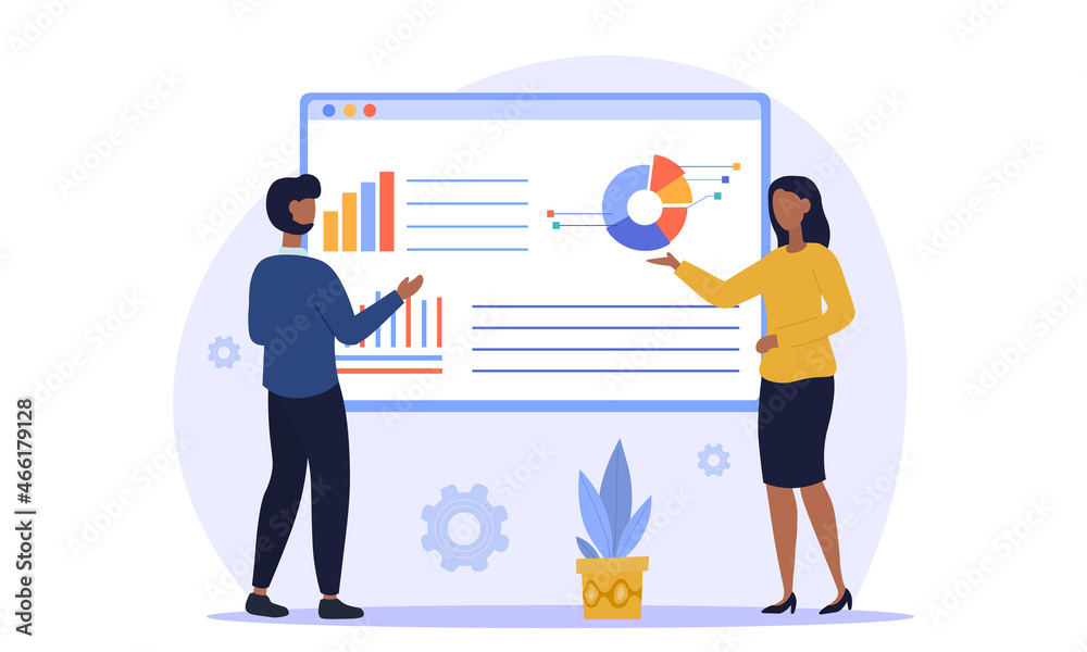 Concept of targeting strategy. Girl and her colleague analyze information received. Employees look at chart sheets. Colleagues prepare presentation, market research. Cartoon flat vector illustration