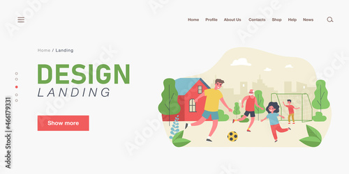 Fototapeta Naklejka Na Ścianę i Meble -  Happy family playing soccer in backyard. Dad, children and grandfather playing football outside flat vector illustration. Family, outdoor activity, sports concept for banner or website design