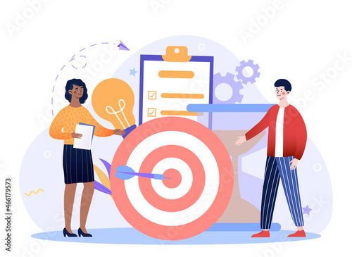 Achieving goals concept. Man and woman come up with ideas and strategies for business development. Entrepreneurship and time management. Successful employees. Cartoon flat vector illustration