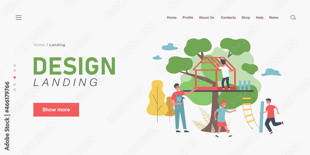 Father and kids building treehouse together. Man holding hammer and nail, son carrying wooden plank flat vector illustration. Family, outdoor activity concept for banner, website design, landing page Father and kids building treehouse together. Man holding hammer and nail, son carrying wooden plank flat vector illustration. Family, outdoor activity concept for banner, website design, landing page