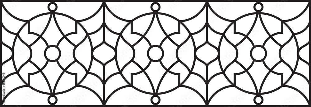 Vector sketch of a stained glass window. Pattern. Abstract stained glass background. Art Nouveau decor for interior. Luxury modern interior. Template for design. Fence. Iron railing. 