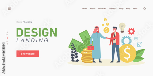 Happy Arab and Caucasian businessmen making deal. Man in national clothes shaking hands with man in suit flat vector illustration. Partnership, investment concept for website or landing web page