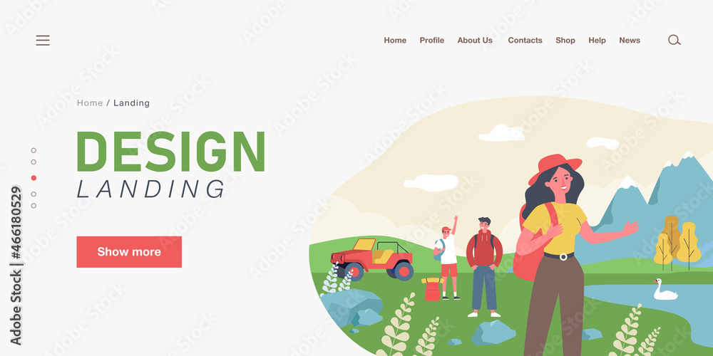 Fototapeta premium Group of friends on hiking trip in mountains. Happy backpacker near lake with swans flat vector illustration. Camping, outdoor activity, holiday concept for banner, website design or landing web page
