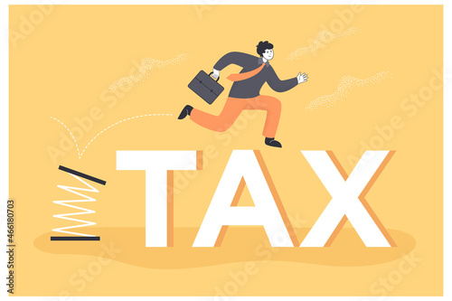 Businessman jumping high through tax. Spring jump of male leader character with briefcase for business development flat vector illustration. Tax exemption, inflation assistance, leadership concept