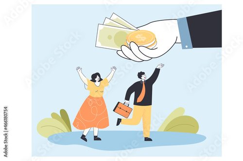 Offer of salary to tiny employees from hand of businessman. Boss giving incentive to corporate workers, holding money flat vector illustration. Business investment, financial growth, salary concept