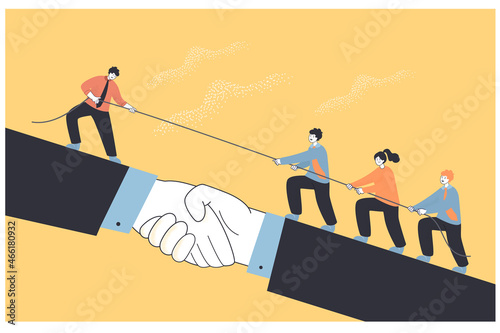 Teamwork of tiny business people climbing handshake after leader. Businessman giving assistance, support to male and female employees flat vector illustration. Success, achievement, leadership concept